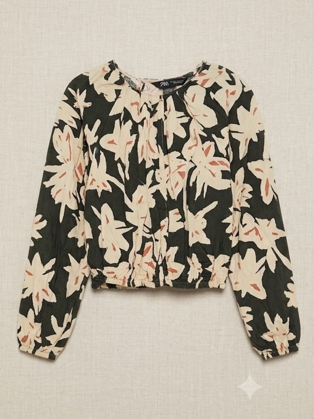 Zara Floral Long-Sleeve Cropped Blouse